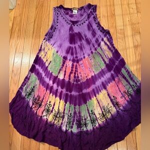 Vibrant Tie-Dye Sleeveless Dress Embroidery Fairycore Hippie Boho